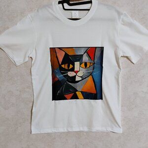 Women's White Picasso-Style Cat Art T-Shirt, Abstract Cat Face Graphic T Size M